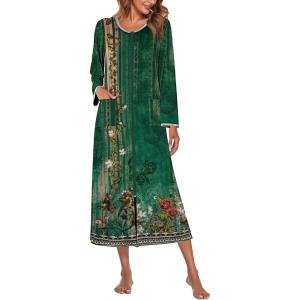 image:imageEkouaer Women Long House Coat Zipper Front Robes Full Length Nightgowns with Pockets Striped Loungewear S4XLGreen Ethnic Print