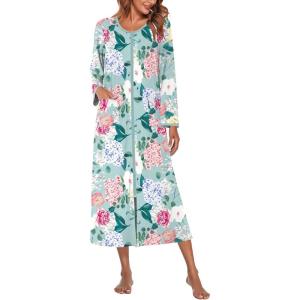 image:imageEkouaer Women Long House Coat Zipper Front Robes Full Length Nightgowns with Pockets Striped Loungewear S4XLGreen Floral