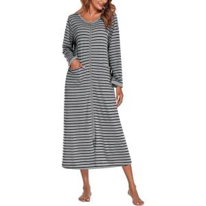 image:imageEkouaer Women Long House Coat Zipper Front Robes Full Length Nightgowns with Pockets Striped Loungewear S4XLLight Grey Stripes