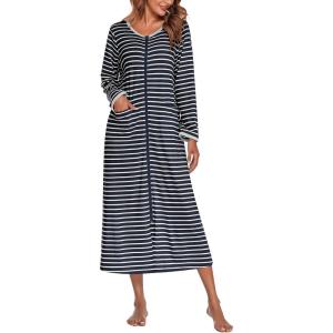 image:imageEkouaer Women Long House Coat Zipper Front Robes Full Length Nightgowns with Pockets Striped Loungewear S4XLNavy Blue Stripes