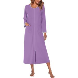 image:imageEkouaer Women Long House Coat Zipper Front Robes Full Length Nightgowns with Pockets Striped Loungewear S4XLPurple