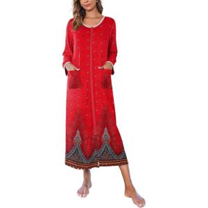 image:imageEkouaer Women Long House Coat Zipper Front Robes Full Length Nightgowns with Pockets Striped Loungewear S4XLRed Feather