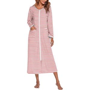 image:imageEkouaer Women Long House Coat Zipper Front Robes Full Length Nightgowns with Pockets Striped Loungewear S4XLRed and White Stripes