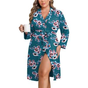 image:imageEkouaer Women Plus Size Robe Knee Length Lightweight Bathrobe Short Kimono Robes with Pockets Maternity RobeBlue Green Floral