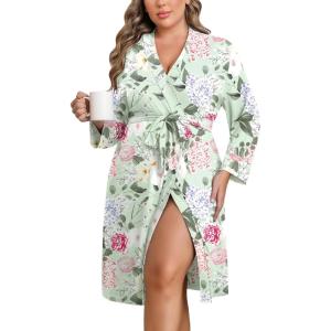 image:imageEkouaer Women Plus Size Robe Knee Length Lightweight Bathrobe Short Kimono Robes with Pockets Maternity RobeGreen Flower