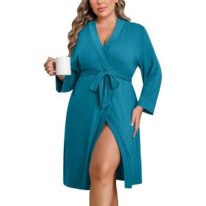 image:imageEkouaer Women Plus Size Robe Knee Length Lightweight Bathrobe Short Kimono Robes with Pockets Maternity RobePeacock Blue