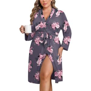 image:imageEkouaer Women Plus Size Robe Knee Length Lightweight Bathrobe Short Kimono Robes with Pockets Maternity RobePurple Flower