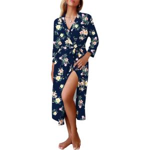 image:imageEkouaer Women Robes Long Knit Bathrobe Lightweight Soft Kimono Robes Casual Ladies Loungewear with Pockets01navy Blue Floral