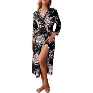 image:imageEkouaer Women Robes Long Knit Bathrobe Lightweight Soft Kimono Robes Casual Ladies Loungewear with PocketsBlack Floral