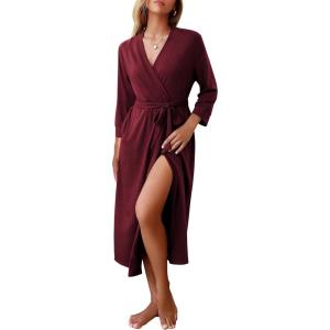 image:imageEkouaer Women Robes Long Knit Bathrobe Lightweight Soft Kimono Robes Casual Ladies Loungewear with PocketsDark Red