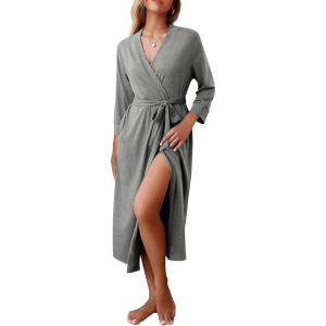 image:imageEkouaer Women Robes Long Knit Bathrobe Lightweight Soft Kimono Robes Casual Ladies Loungewear with PocketsLight Grey