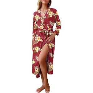 image:imageEkouaer Women Robes Long Knit Bathrobe Lightweight Soft Kimono Robes Casual Ladies Loungewear with PocketsRed Floral