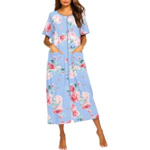 image:imageEkouaer Women Robes Zipper Front Short Sleeve Full Length Housecoat with Pockets Loungewear S4XLBblue Fower