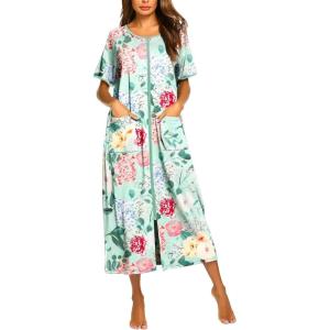image:imageEkouaer Women Robes Zipper Front Short Sleeve Full Length Housecoat with Pockets Loungewear S4XLBgreen Flower