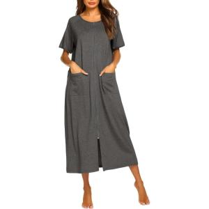 image:imageEkouaer Women Robes Zipper Front Short Sleeve Full Length Housecoat with Pockets Loungewear S4XLGrey
