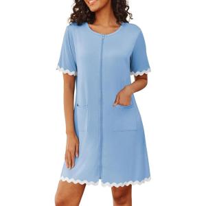 image:imageEkouaer Women Zip Up Robe Lightweight Housecoats with Pockets Knee Length Short Bathrobes Soft Nightgown S3XLLight Blue