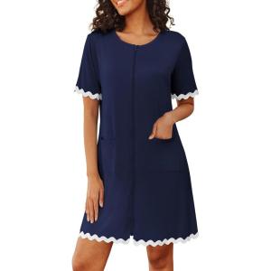 image:imageEkouaer Women Zip Up Robe Lightweight Housecoats with Pockets Knee Length Short Bathrobes Soft Nightgown S3XLNavy Blue