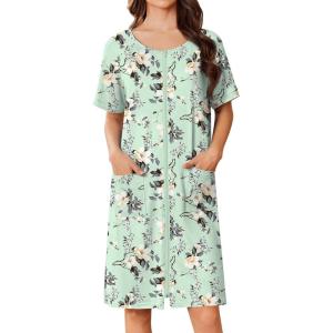 image:imageEkouaer Women Zip Up Robe Short Bathrobe Lightweight House Coats Floral Print House Dress with Pockets Nightgown S3XLAqua Multi