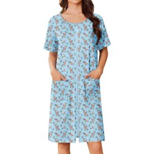 image:imageEkouaer Women Zip Up Robe Short Bathrobe Lightweight House Coats Floral Print House Dress with Pockets Nightgown S3XLBlue Florals