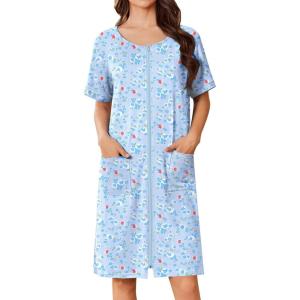 image:imageEkouaer Women Zip Up Robe Short Bathrobe Lightweight House Coats Floral Print House Dress with Pockets Nightgown S3XLBlue Grid Floral