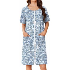 image:imageEkouaer Women Zip Up Robe Short Bathrobe Lightweight House Coats Floral Print House Dress with Pockets Nightgown S3XLBlue Leaves