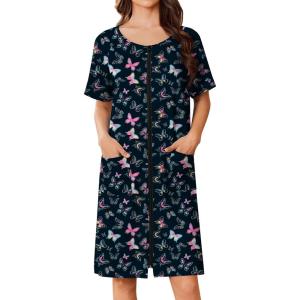 image:imageEkouaer Women Zip Up Robe Short Bathrobe Lightweight House Coats Floral Print House Dress with Pockets Nightgown S3XLColorful Butterfly