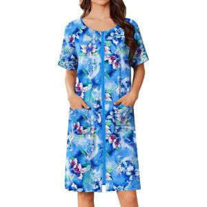 image:imageEkouaer Women Zip Up Robe Short Bathrobe Lightweight House Coats Floral Print House Dress with Pockets Nightgown S3XLDark Blue Floral