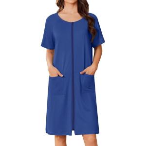 image:imageEkouaer Women Zip Up Robe Short Bathrobe Lightweight House Coats Floral Print House Dress with Pockets Nightgown S3XLDeep Blue