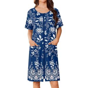 image:imageEkouaer Women Zip Up Robe Short Bathrobe Lightweight House Coats Floral Print House Dress with Pockets Nightgown S3XLEvening Blue Vines