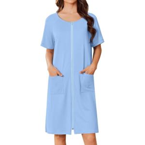 image:imageEkouaer Women Zip Up Robe Short Bathrobe Lightweight House Coats Floral Print House Dress with Pockets Nightgown S3XLLight Blue