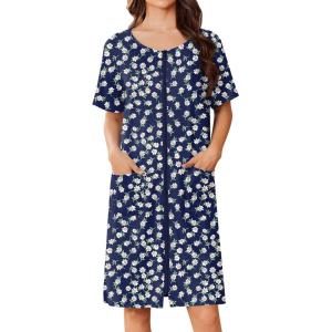 image:imageEkouaer Women Zip Up Robe Short Bathrobe Lightweight House Coats Floral Print House Dress with Pockets Nightgown S3XLNavy Floral