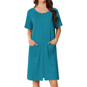 image:imageEkouaer Women Zip Up Robe Short Bathrobe Lightweight House Coats Floral Print House Dress with Pockets Nightgown S3XLPeacock Blue