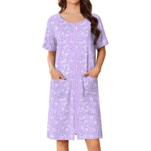 image:imageEkouaer Women Zip Up Robe Short Bathrobe Lightweight House Coats Floral Print House Dress with Pockets Nightgown S3XLPurple Floral