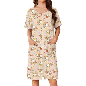 image:imageEkouaer Women Zip Up Robe Short Bathrobe Lightweight House Coats Floral Print House Dress with Pockets Nightgown S3XLYellow Floral