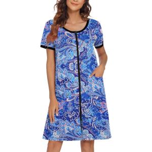 image:imageEkouaer Women Zipper Front House Coat Short Sleeves Robe Zip Up Bathrobes Short Nightgown with Pockets S3XLBlue Paisley