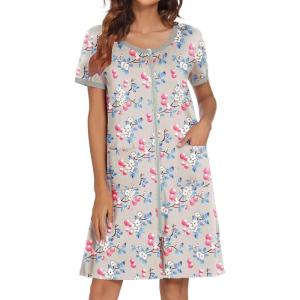 image:imageEkouaer Women Zipper Front House Coat Short Sleeves Robe Zip Up Bathrobes Short Nightgown with Pockets S3XLBlue and Pink Floral