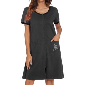 image:imageEkouaer Women Zipper Front House Coat Short Sleeves Robe Zip Up Bathrobes Short Nightgown with Pockets S3XLDeep Gray