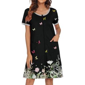image:imageEkouaer Women Zipper Front House Coat Short Sleeves Robe Zip Up Bathrobes Short Nightgown with Pockets S3XLFloral Butterfly