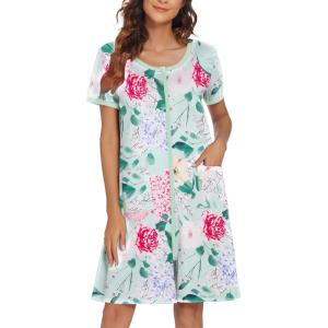 image:imageEkouaer Women Zipper Front House Coat Short Sleeves Robe Zip Up Bathrobes Short Nightgown with Pockets S3XLFlower Green