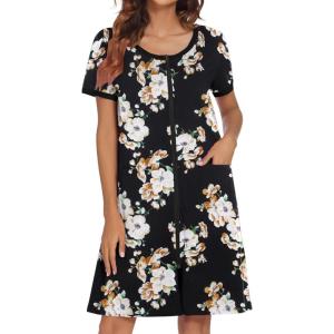 image:imageEkouaer Women Zipper Front House Coat Short Sleeves Robe Zip Up Bathrobes Short Nightgown with Pockets S3XLGolden Flower