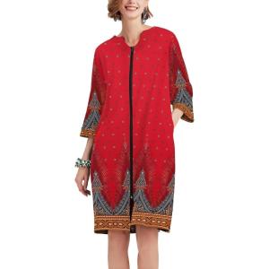 image:imageEkouaer Women Zipper Robe 34 Sleeve Nightgowns Lightweight Short Bathrobe with Pockets S3XLRed Leaves