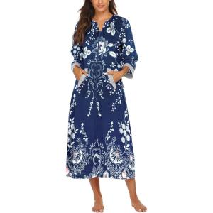 image:imageEkouaer Women Zipper Robe 34 Sleeves Loungewear Dress Full Length Sleepwear Pockets Housecoat Nightgown Long BathrobeStyle 1evening Blue Vines