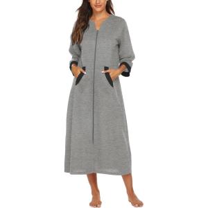 image:imageEkouaer Women Zipper Robe 34 Sleeves Loungewear Dress Full Length Sleepwear Pockets Housecoat Nightgown Long BathrobeStyle 1grey