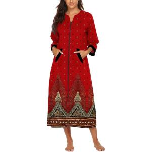 image:imageEkouaer Women Zipper Robe 34 Sleeves Loungewear Dress Full Length Sleepwear Pockets Housecoat Nightgown Long BathrobeStyle 1pat20