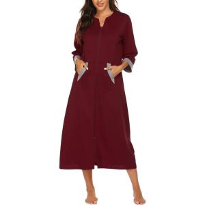image:imageEkouaer Women Zipper Robe 34 Sleeves Loungewear Dress Full Length Sleepwear Pockets Housecoat Nightgown Long BathrobeStyle 1wine Red