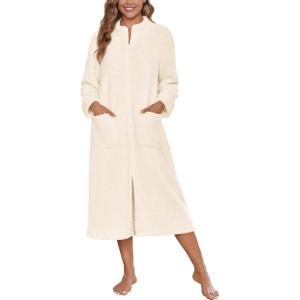 image:imageEkouaer Women Zipper Robe Fleece Long Sleeves Bathrobe Sleepwear Warm Soft Housecoat with Pockets Zip Up House DressesBeige