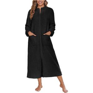 image:imageEkouaer Women Zipper Robe Fleece Long Sleeves Bathrobe Sleepwear Warm Soft Housecoat with Pockets Zip Up House DressesBlack