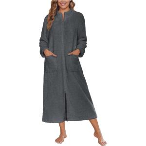 image:imageEkouaer Women Zipper Robe Fleece Long Sleeves Bathrobe Sleepwear Warm Soft Housecoat with Pockets Zip Up House DressesDeep Grey