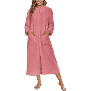 image:imageEkouaer Women Zipper Robe Fleece Long Sleeves Bathrobe Sleepwear Warm Soft Housecoat with Pockets Zip Up House DressesGray Purple