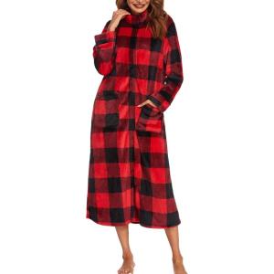image:imageEkouaer Women Zipper Robe Fleece Long Sleeves Bathrobe Sleepwear Warm Soft Housecoat with Pockets Zip Up House DressesKchristmas Plaid